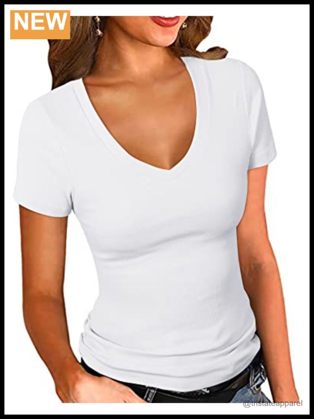 Womens Ribbed V Neck Short Sleeve Fitted Basic T Shirt Slim Fit Tee Top